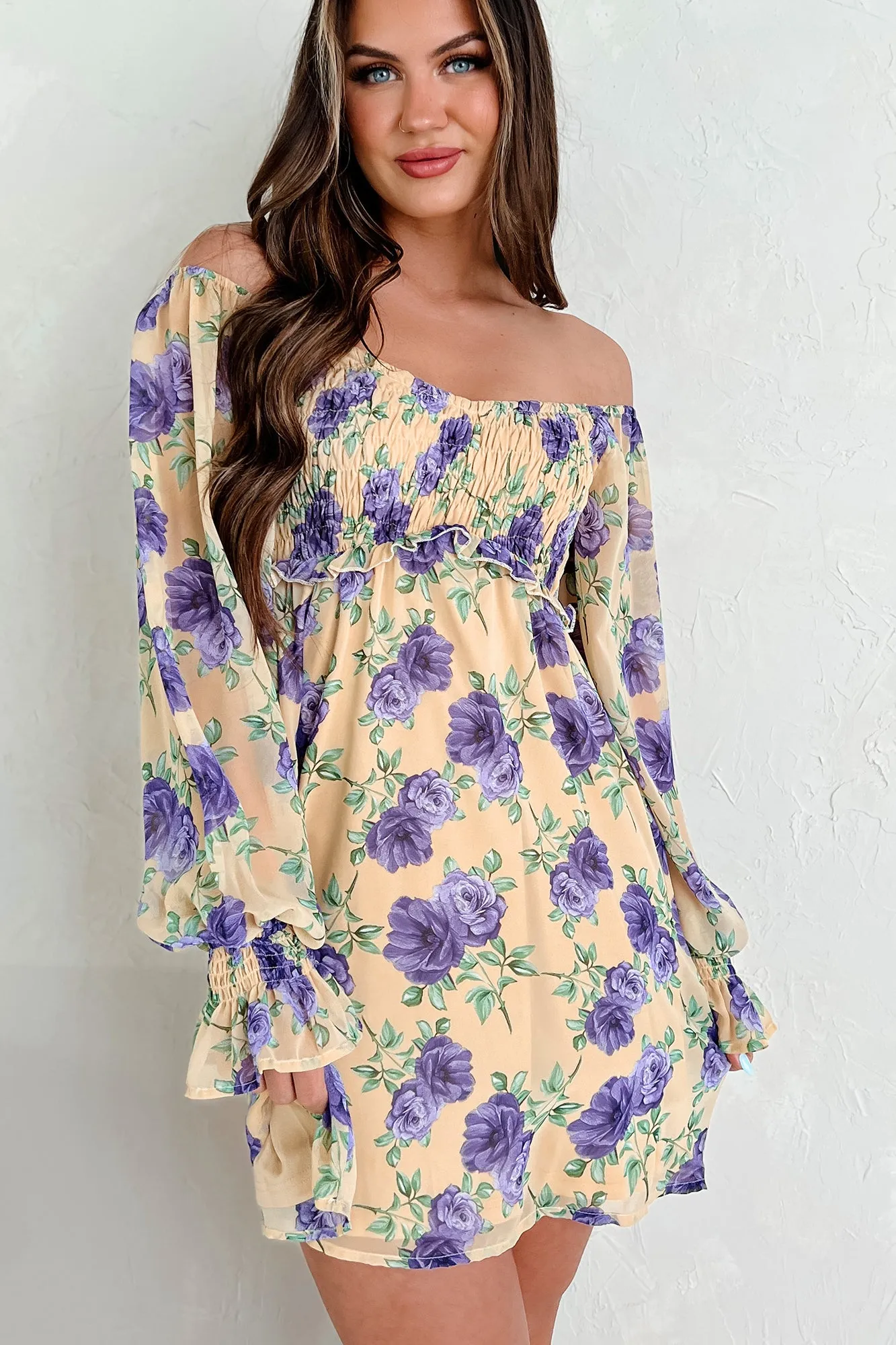 A Beautiful Feeling Smocked Floral Chiffon Mini Dress (Light Mustard)