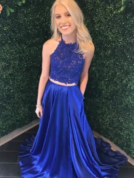 A Line Halter Neck Two Pieces Royal Blue Lace Top Prom, Two Pieces Lace Royal Blue Formal, Royal Blue Lace Evening