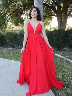 A Line V Neck Backless Red Long Prom, Open Back Red Formal Graduation Evening