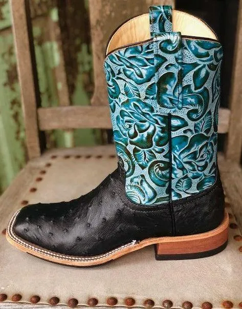 Anderson Bean Women's Black & Dark Teal Foam Ostrich Square Toe Cowgirl Boots 321803