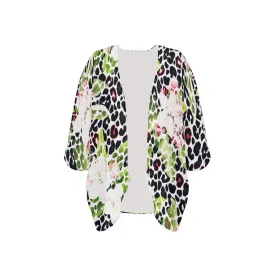 apple blossom leopard print Women's Kimono Chiffon Cover Up (Model H51)