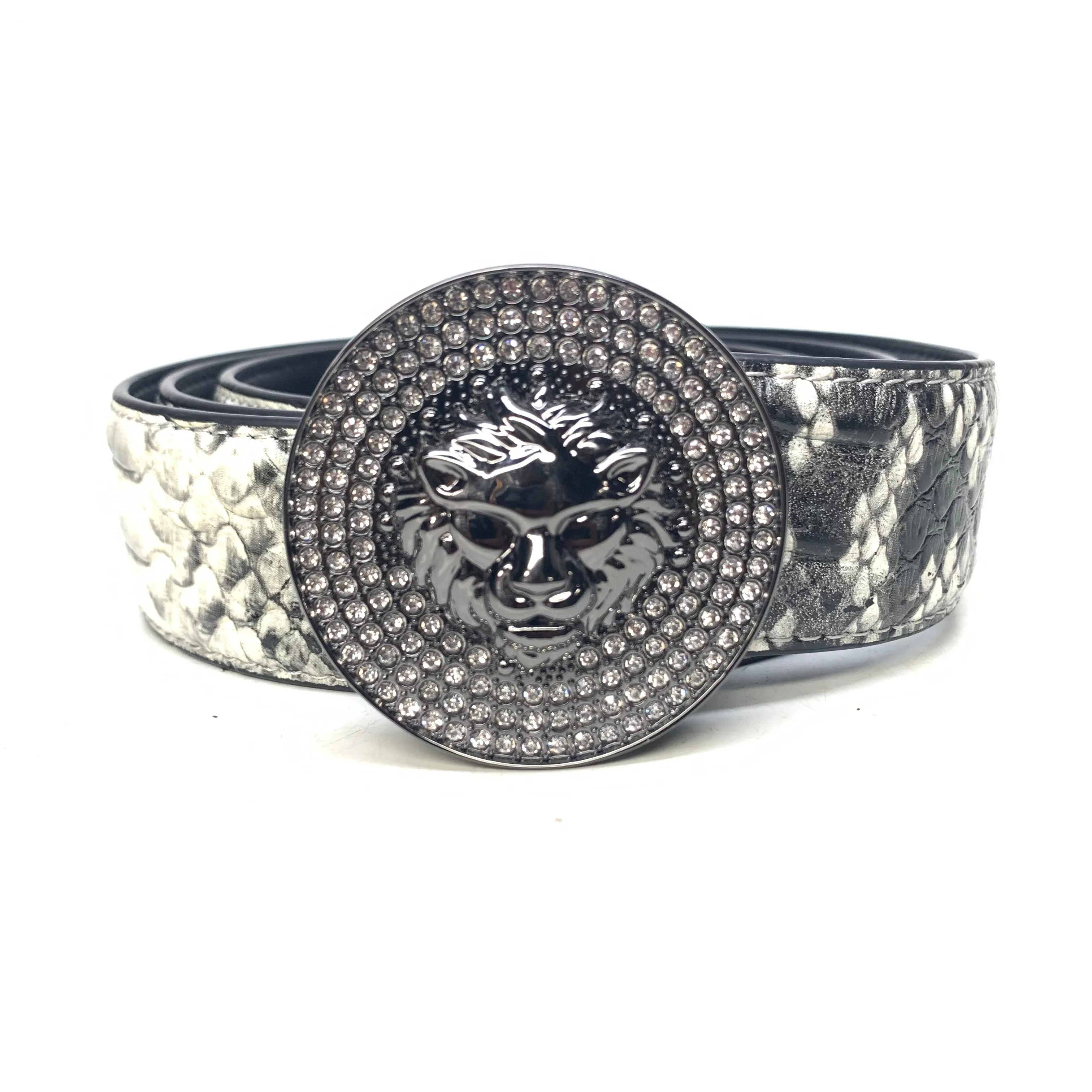 Barabas "Lion Guard" Shiny Black/White Snake Adjustable Luxury Leather Dress Belt