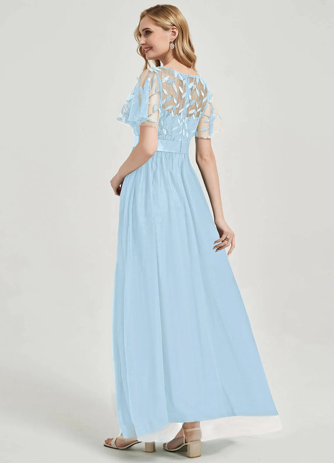 Cornflower Blue Sheer Sleeve A-Line Floor Length Sequin Formal Dress For Brides