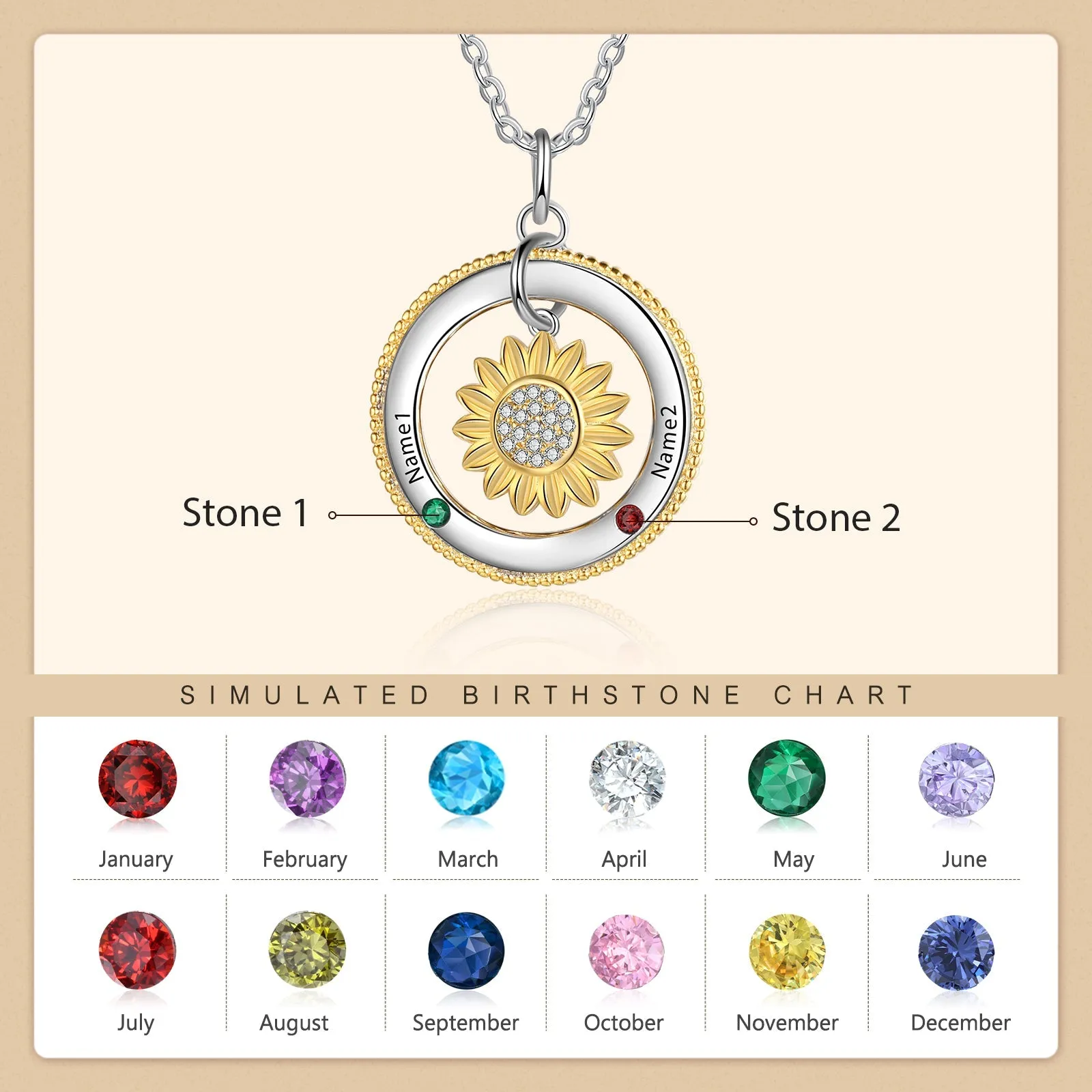 Customized Sunflower Name Necklace with Birthstones