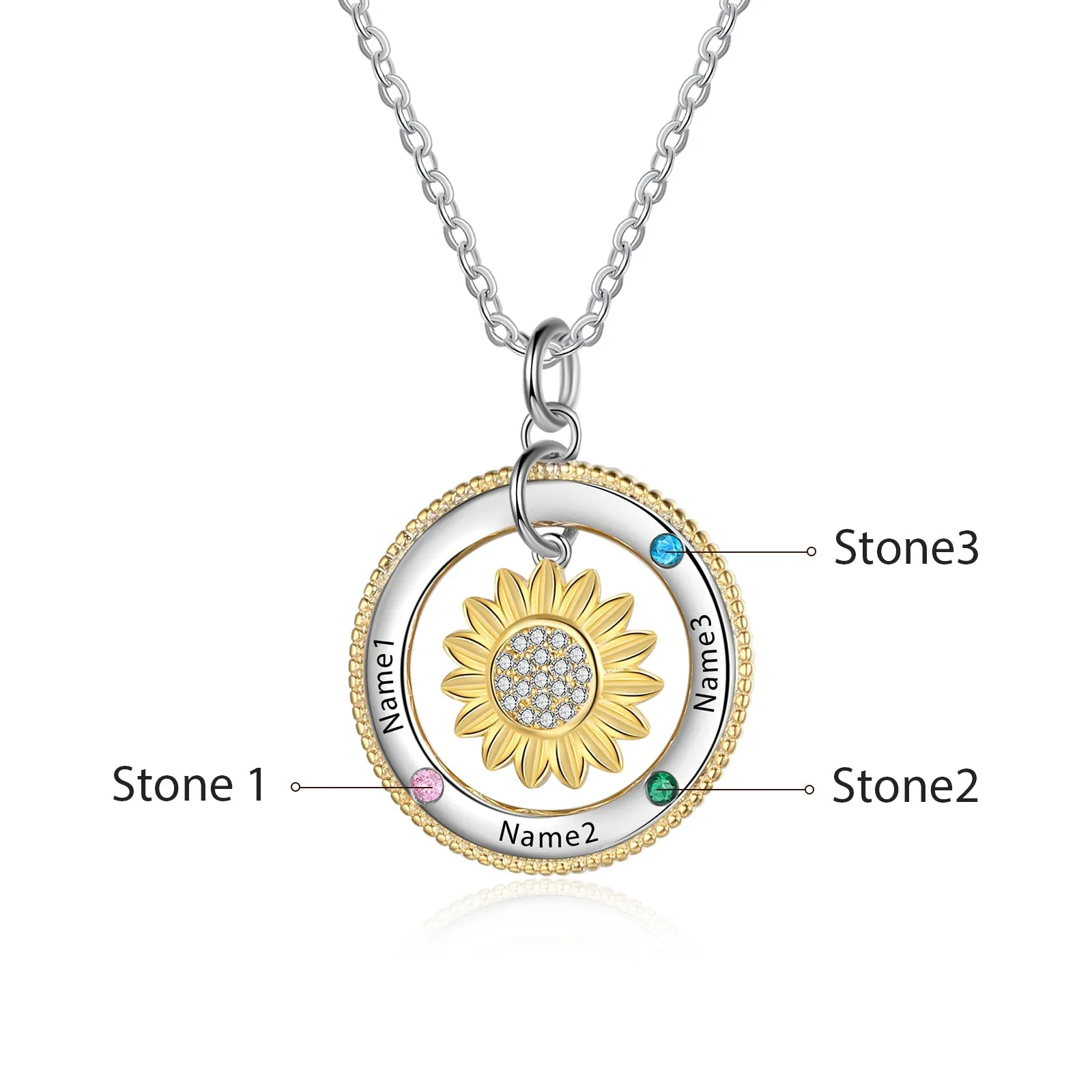 Customized Sunflower Name Necklace with Birthstones