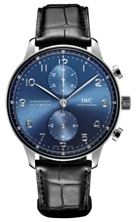 IWC Portugieser Automatic Chronograph Stainless Steel Blue Dial Black Leather Strap Mens Watch IW371606