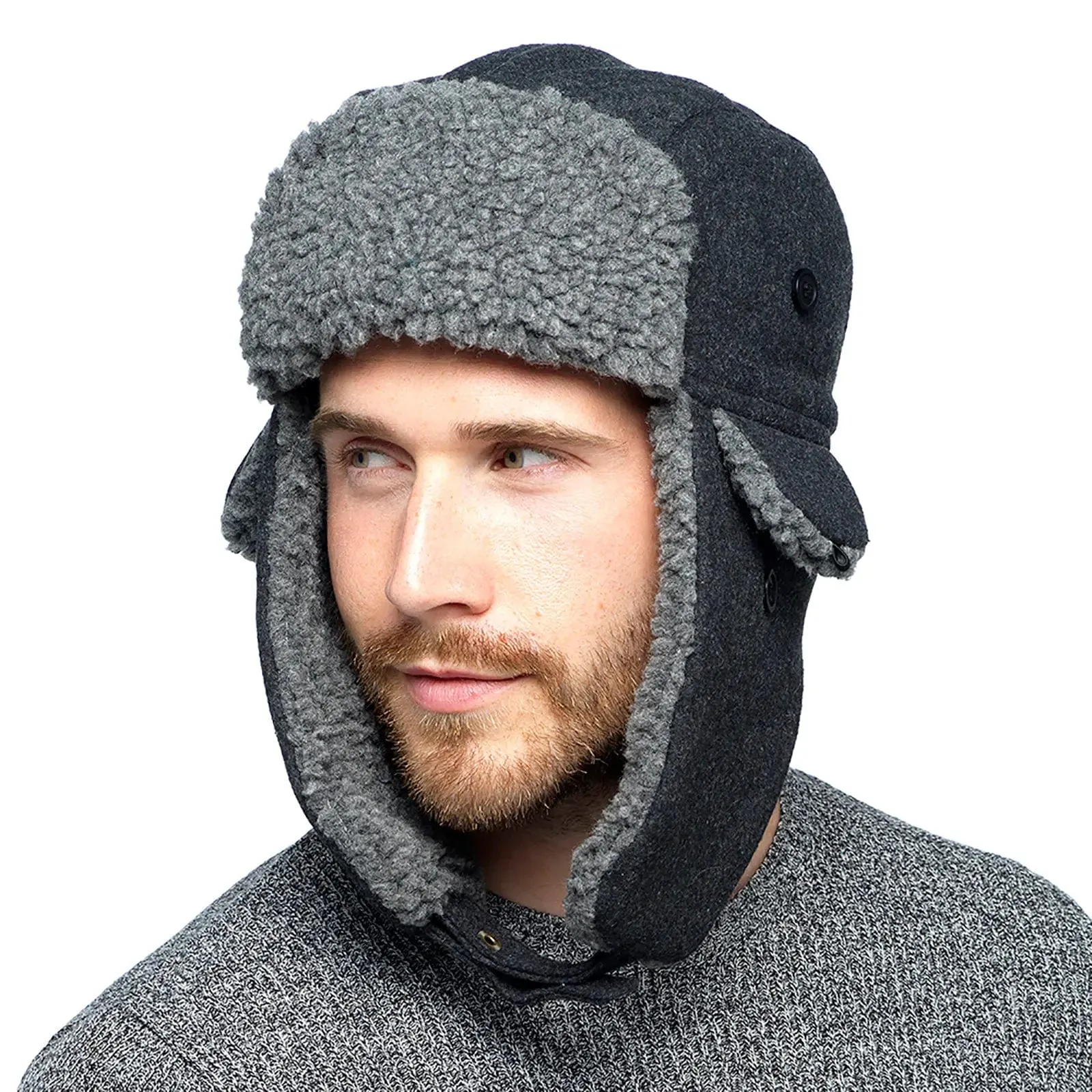 Mens Fleece Trapper Hat With Borg Lining Ear Flaps Winter Cap