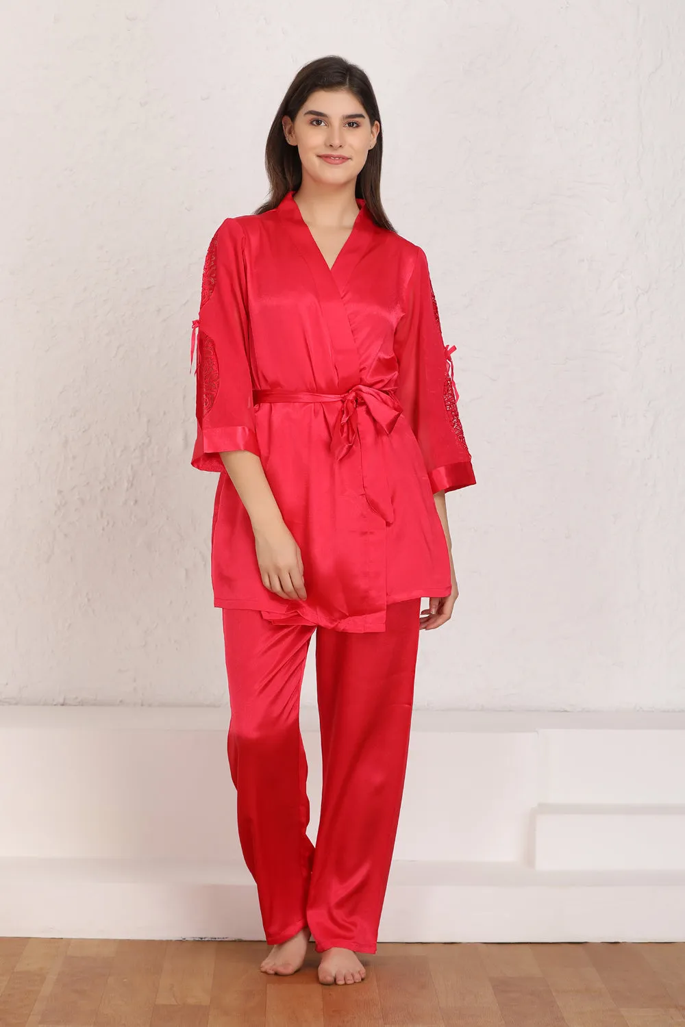 Red satin Night suit with robe