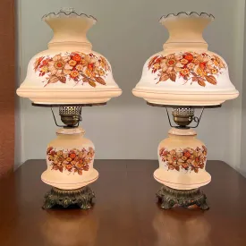 Vintage Glass Hurricane Lamp Set. Beige Floral Pattern. Oversized.